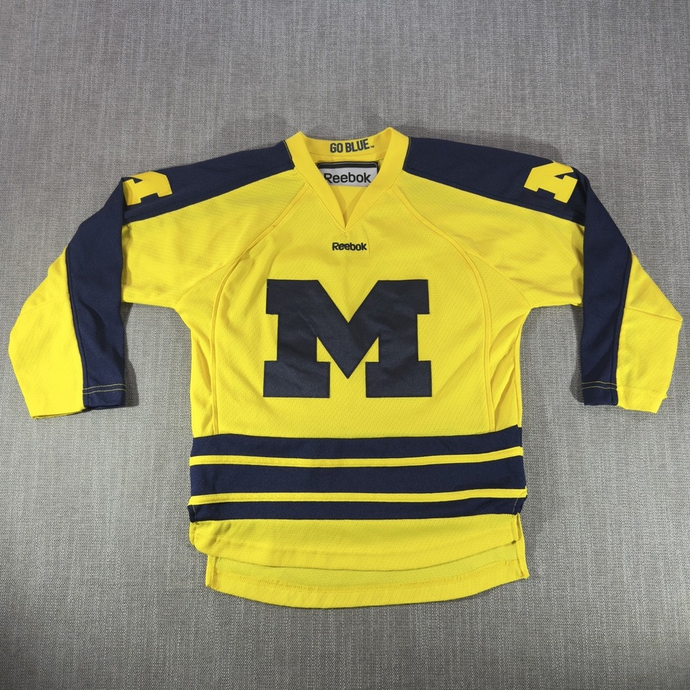 Michigan Wolverines Jersey Boys Medium Yellow NCAA Hockey Reebok M Logo